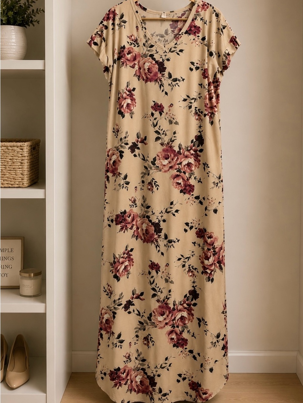 Maternity Floral V-Neck Maxi Dress in cream with Rose Print